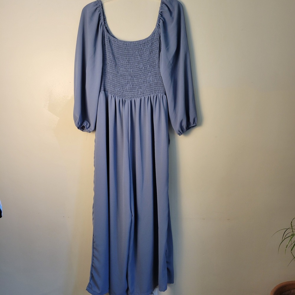 Dusty Blue Smocked Wide Leg Jumpsuit Plus Size 4XL Puff Sleeve Pockets